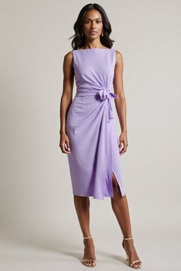 Robe de travail midi froncée violette avec fente